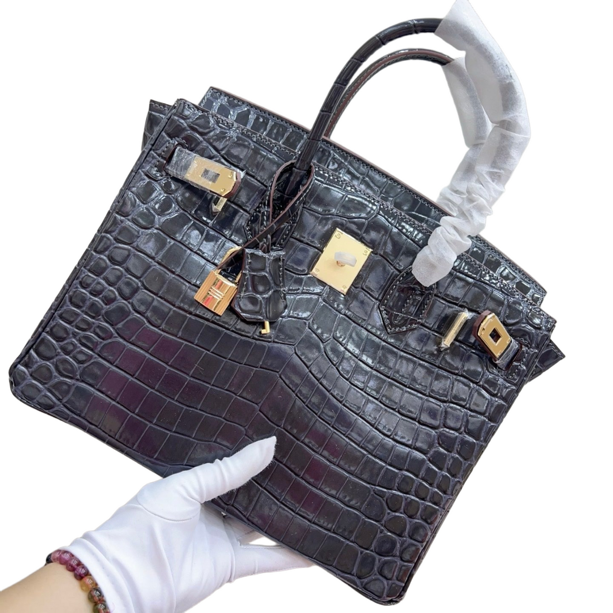 Birkin Style 25/30/35 Retourne in Etoupe Crocodile-Embossed Leather (Gold Hardware) — Polished Top-Handle Bag