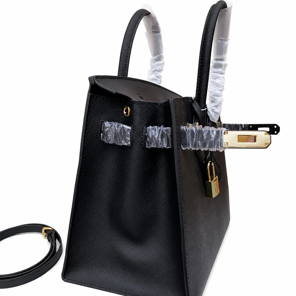 Birkin Style 25/30 Sellier in Noir Epsom Leather (Gold Hardware) — Polished Top-Handle Bag
