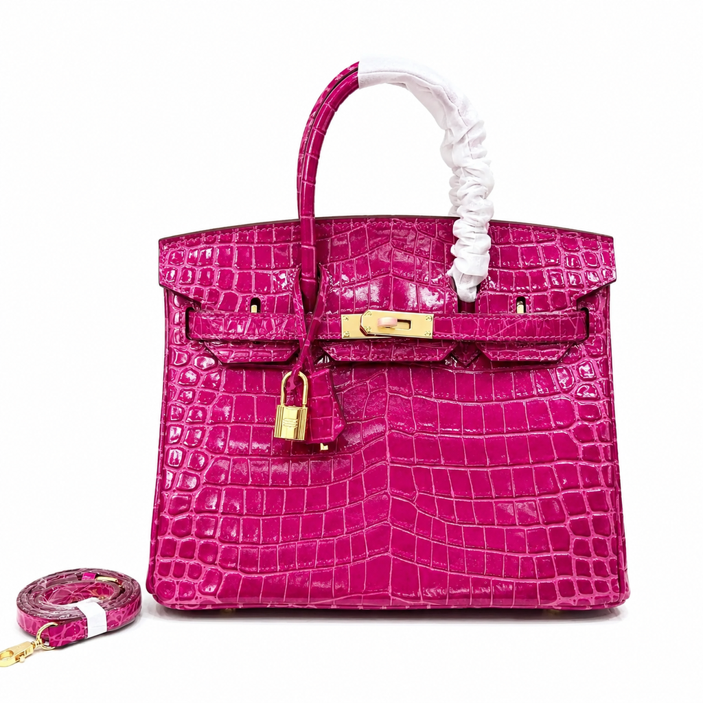 Birkin Style 25/30/35 Retourne in Rose Schéhérazade Crocodile-Embossed Leather (Gold Hardware) — Streamlined Structured Bag