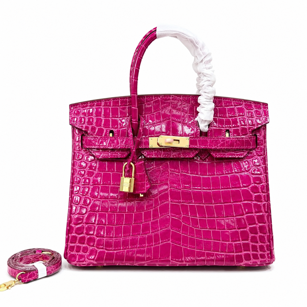 Birkin Style 25/30/35 Retourne in Rose Schéhérazade Crocodile-Embossed Leather (Gold Hardware) — Streamlined Structured Bag