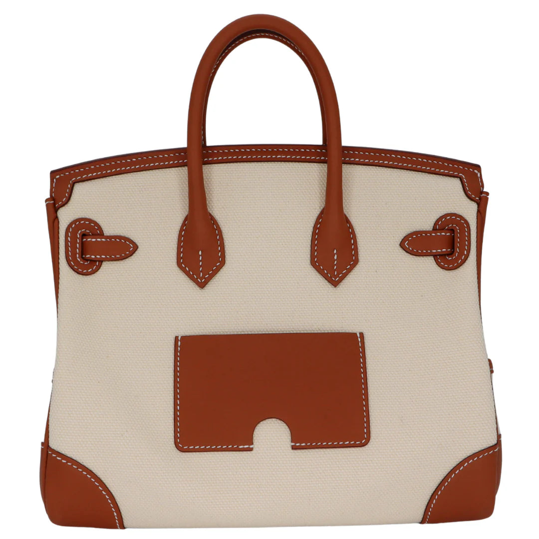 Multi-Pocket Birkin Cargo 25cm Tote in Gold Brown Leather & Canvas — Polished Top-Handle Bag