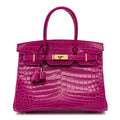 Birkin 30 Rose Pourpre Shiny Niloticus Crocodile Gold Hardware — Classic Hand-Carry Tote