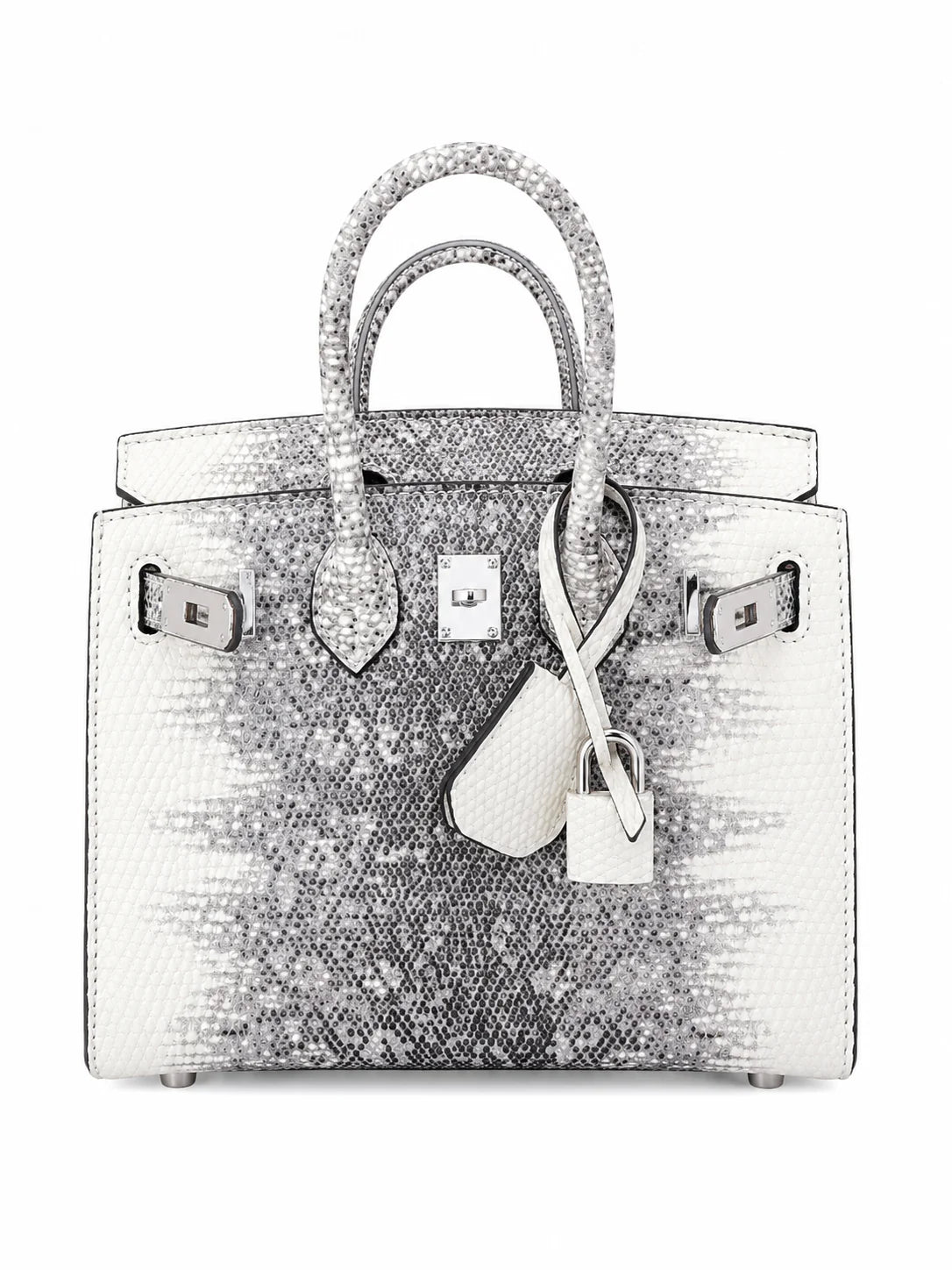 Mini Birkin 20cm Outer Stitching Tote Bag in Two-Tone Snow White Lizard Pattern — Versatile Top-Handle Handbag