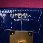 Birkin Blue Croc Embossement Leather Handbags Metal Lock Satchel Bag — Structured Top-Handle Tote