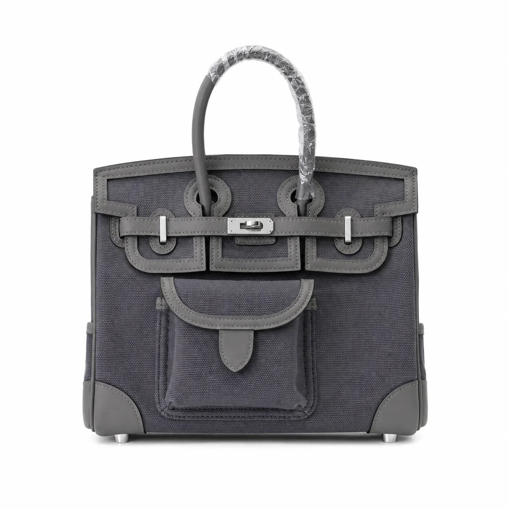 Birkin Cargo 25 Etain Grey Swift Leather and Canvas Splicing Bag — Streamlined Structured Bag