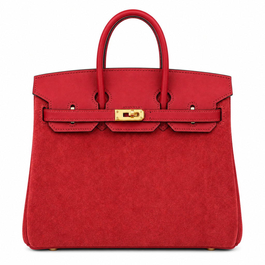 Rare Runaway Birkin 25cm Grizzly Rouge Casaque Suede Luxury Tote — Polished Top-Handle Bag