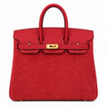 Rare Runaway Birkin 25cm Grizzly Rouge Casaque Suede Luxury Tote — Polished Top-Handle Bag