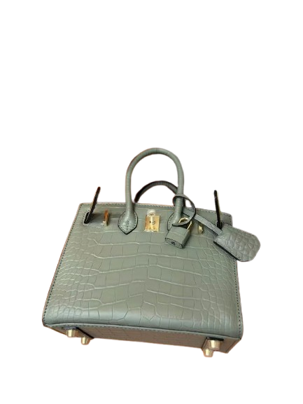 Mini Birkin 20cm Outer Stitching Tote Bag in Sage Green Crocodile Pattern — Polished Top-Handle Bag