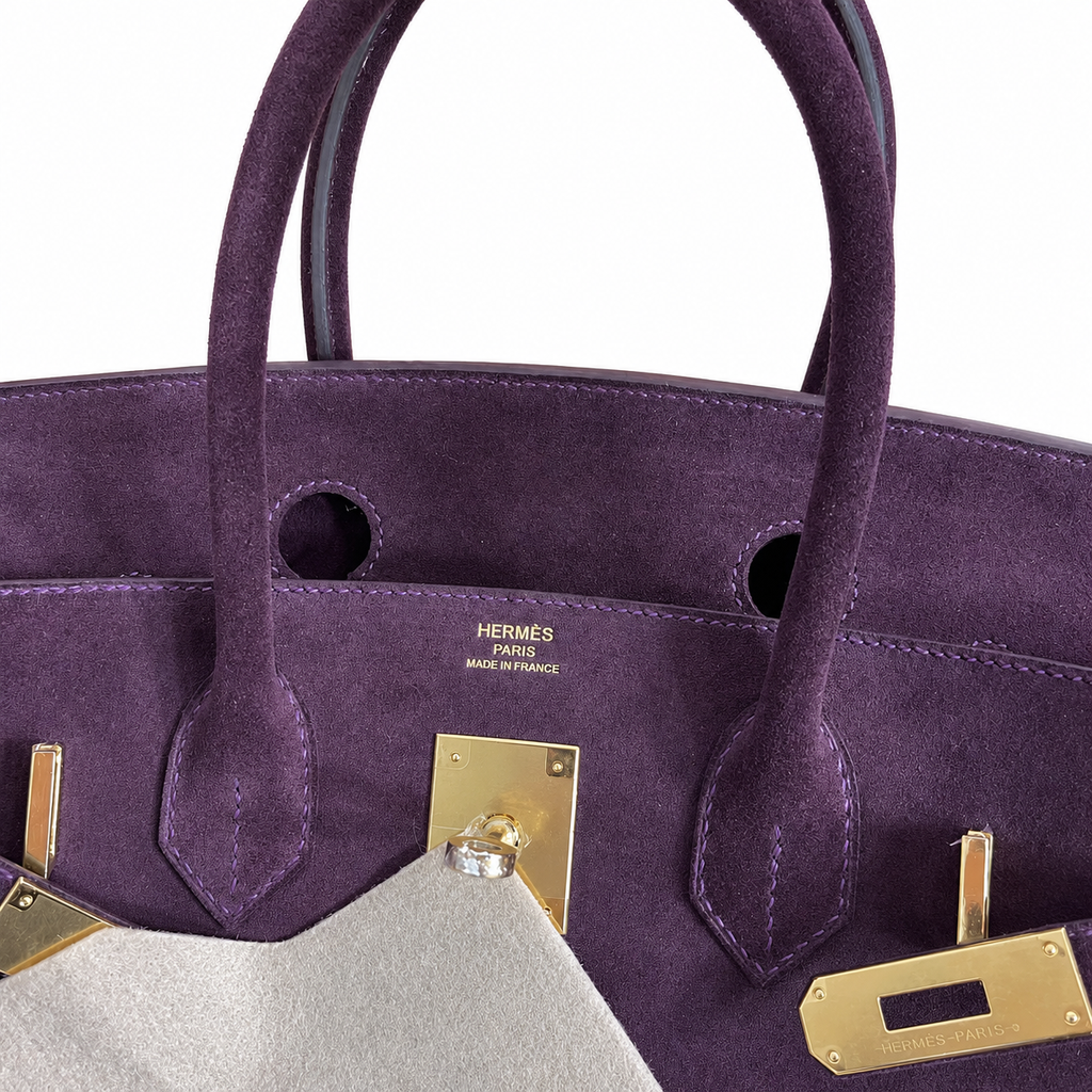 Birkin 30 Retourne in Bordeaux Suede Grizzly with White Stitching (Gold Hardware) — Classic Hand-Carry Tote