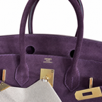 Birkin 30 Retourne in Bordeaux Suede Grizzly with White Stitching (Gold Hardware) — Classic Hand-Carry Tote