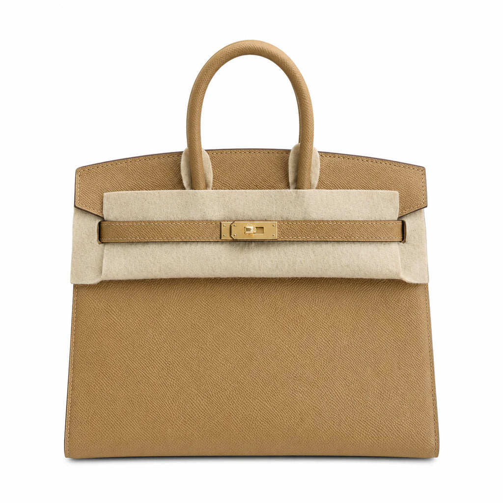 Timeless Structured Handbag: Birkin 25 Sellier 4B Biscuit Epsom Gold Hardware