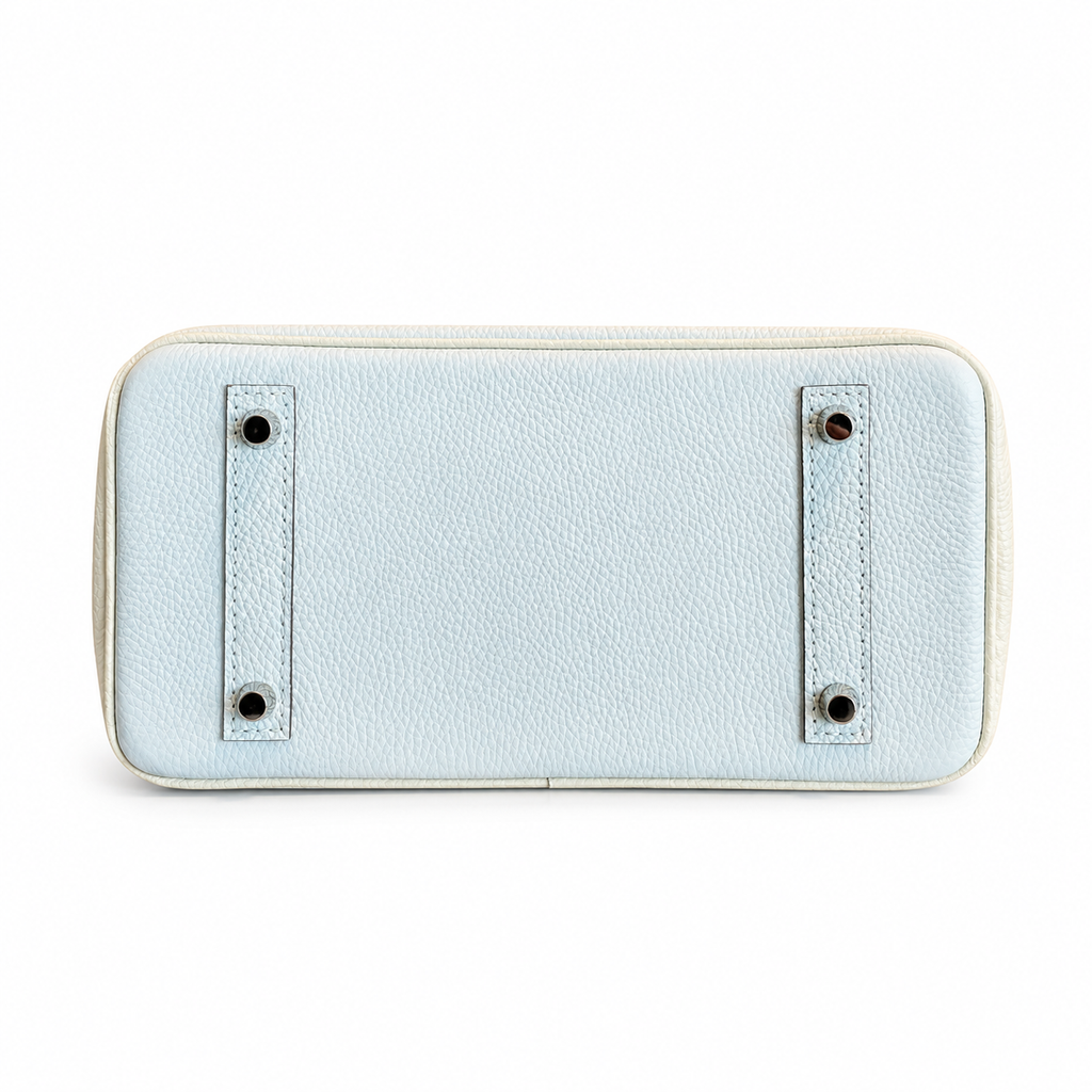 Birkin 25/30 Retourne Bi-Color in Bleu Brume and Craie Togo Leather (Palladium Hardware) — Polished Top-Handle Bag