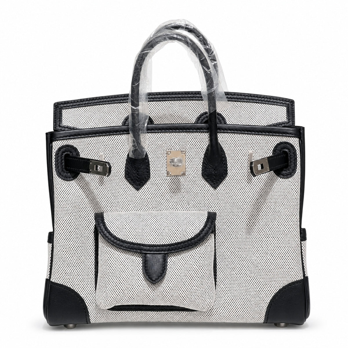 Birkin Cargo 25 Black Leather and Ecru Canvas Multi-Pocket Mini Bag — Classic Hand-Carry Tote