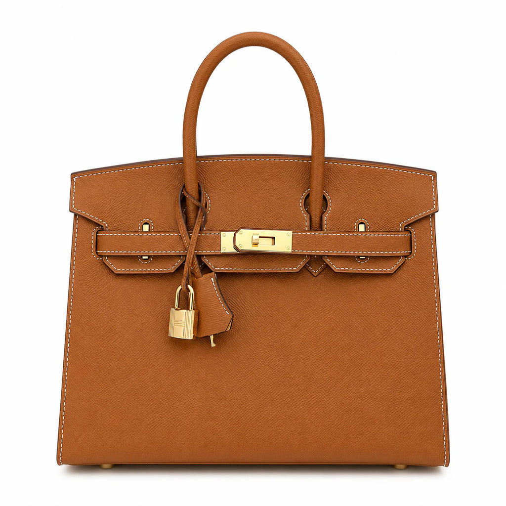 Birkin Style 25/30 Sellier in Gold Epsom Leather with White Stitching (Gold Hardware) — Distinctive Carryall Silhouette