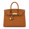 Birkin Style 25/30 Sellier in Gold Epsom Leather with White Stitching (Gold Hardware) — Distinctive Carryall Silhouette