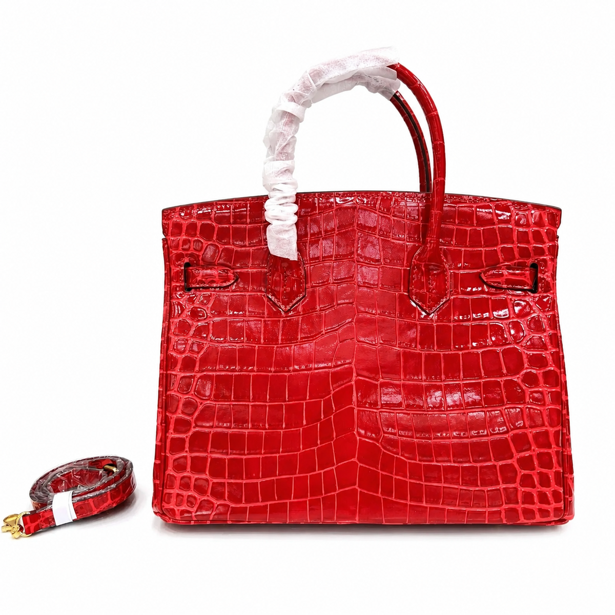 Birkin Style 25/30/35 Retourne in Rouge Vif Crocodile-Embossed Leather (Gold Hardware) — Sophisticated Tote Style