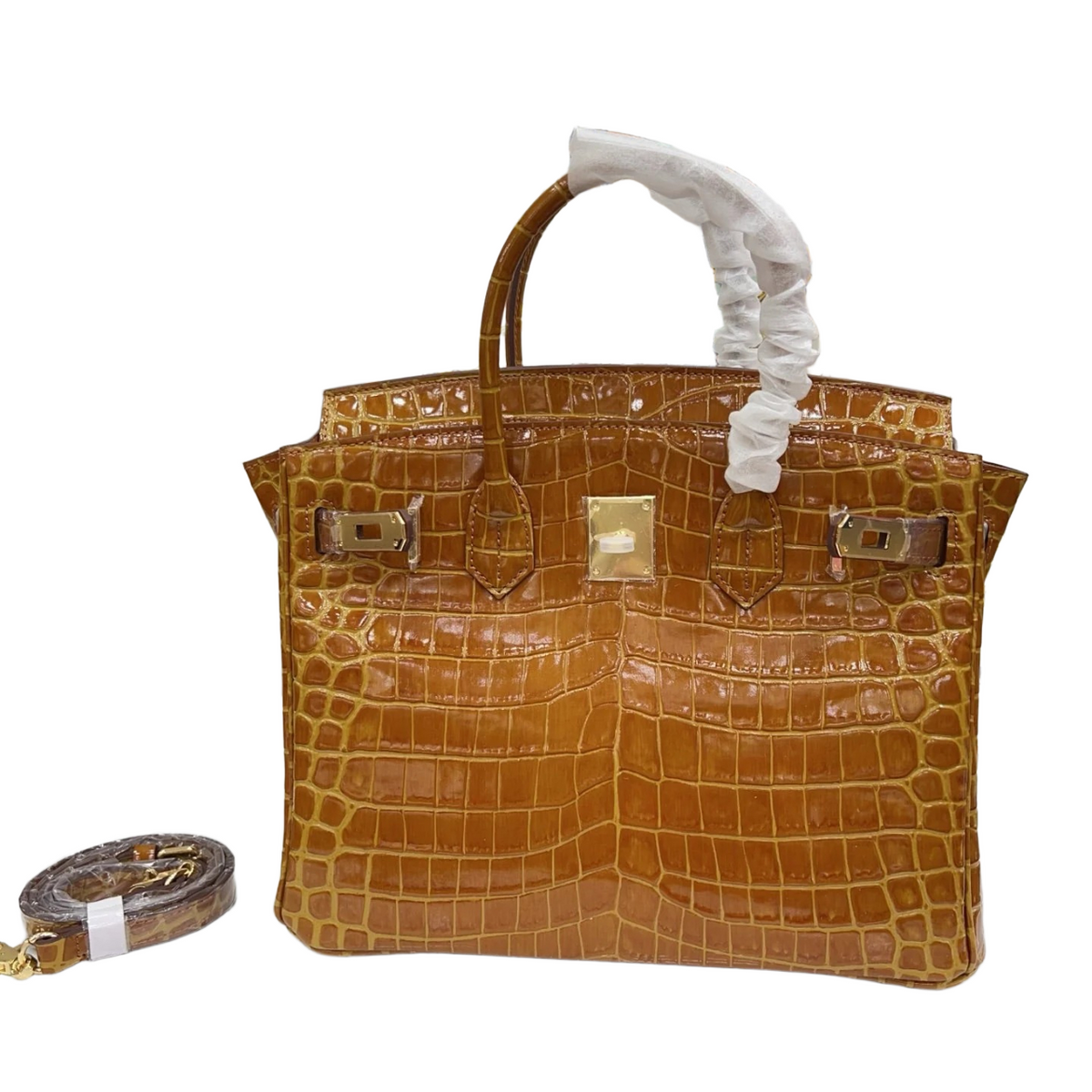 Birkin Style 25/30/35 Retourne in Miel/Gold Crocodile-Embossed Leather (Gold Hardware) — Refined Structured Tote