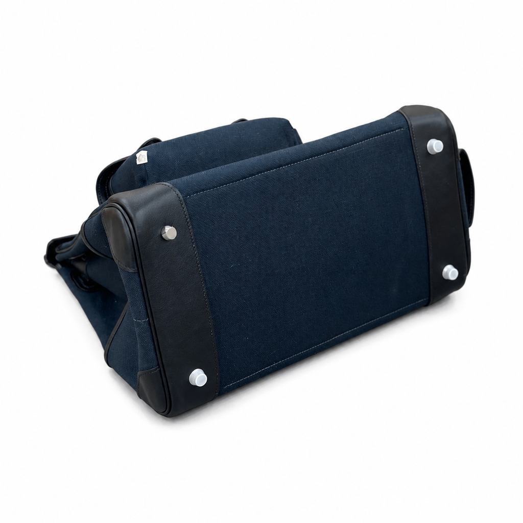 Birkin Cargo 35 in Bleu Nuit Toile Goéland and Noir Swift Leather (Palladium Hardware) — Polished Top-Handle Bag