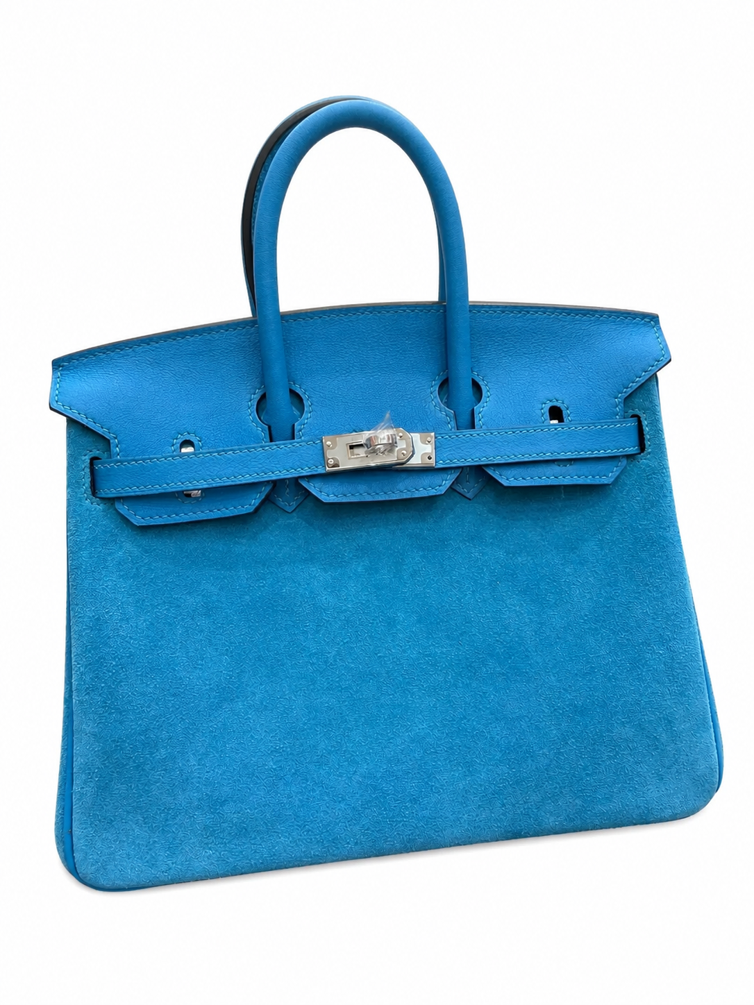 Birkin 25 Retourne in Bleu Zanzibar Swift Leather and Suede Grizzly (Palladium Hardware) — Polished Top-Handle Bag