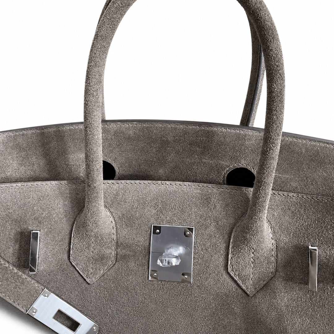 Birkin 30 Retourne in Etoupe Suede Grizzly with White Stitching (Palladium Hardware) — Distinctive Carryall Silhouette