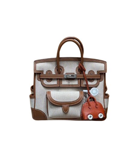 Multi-Pocket Birkin Cargo 25cm Tote in Gold Brown Leather & Canvas — Polished Top-Handle Bag