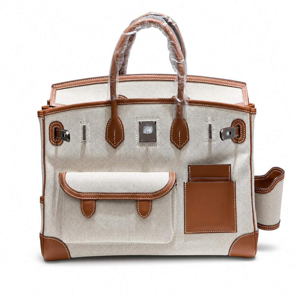 Birkin Cargo 35 Gold Leather and Ecru Canvas Multi-Pocket Bag — Versatile Top-Handle Handbag
