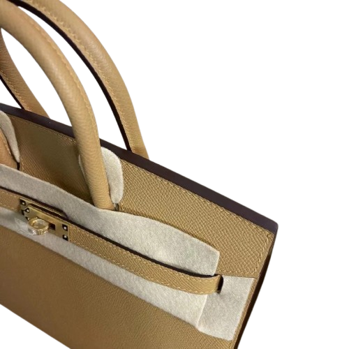Timeless Structured Handbag: Birkin 25 Sellier 4B Biscuit Epsom Gold Hardware