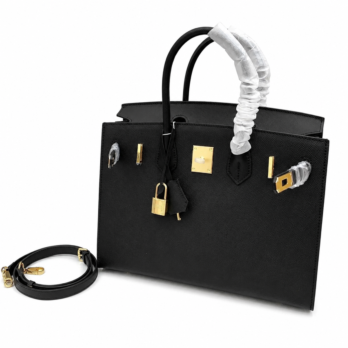 Birkin Style 25/30 Sellier in Noir Epsom Leather (Gold Hardware) — Polished Top-Handle Bag